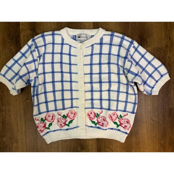 All Week Long Sweaters - VTG All Week Long Chunky Cotton Rose Embroidered Cardigan Sweater L Cottage Core